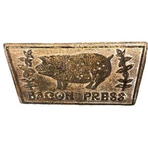 Antique Cast Iron Bacon Press With Wood Handle, 7" Long x 4.5" Wide